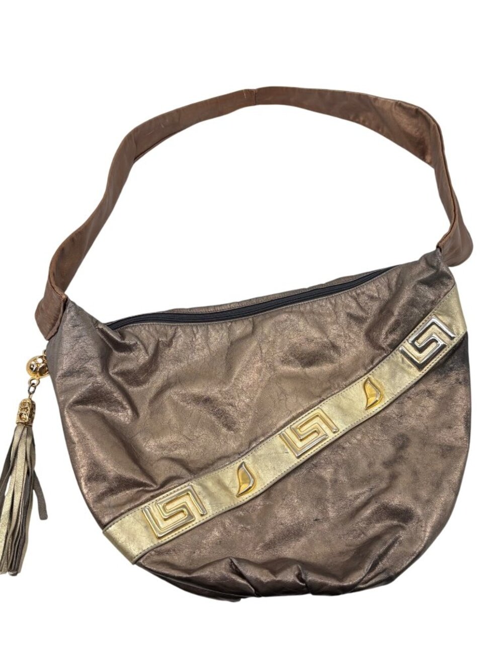 Bronze & Gold Hobo Shoulder‎ Bag With Tassel Accent Vintage 80s
